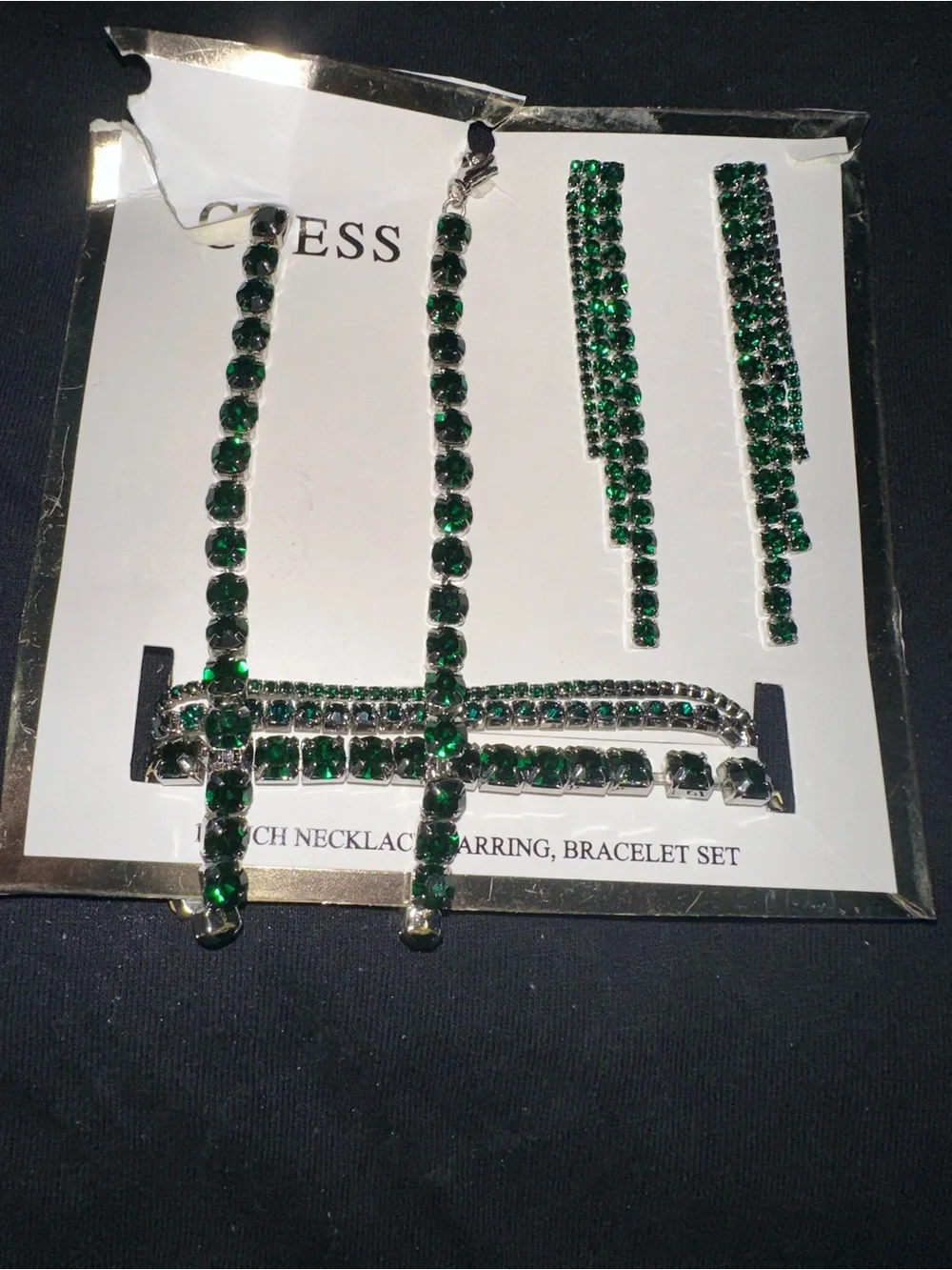 GUESS Green Crystal Bracelet, Necklace & Drop Earrings Set